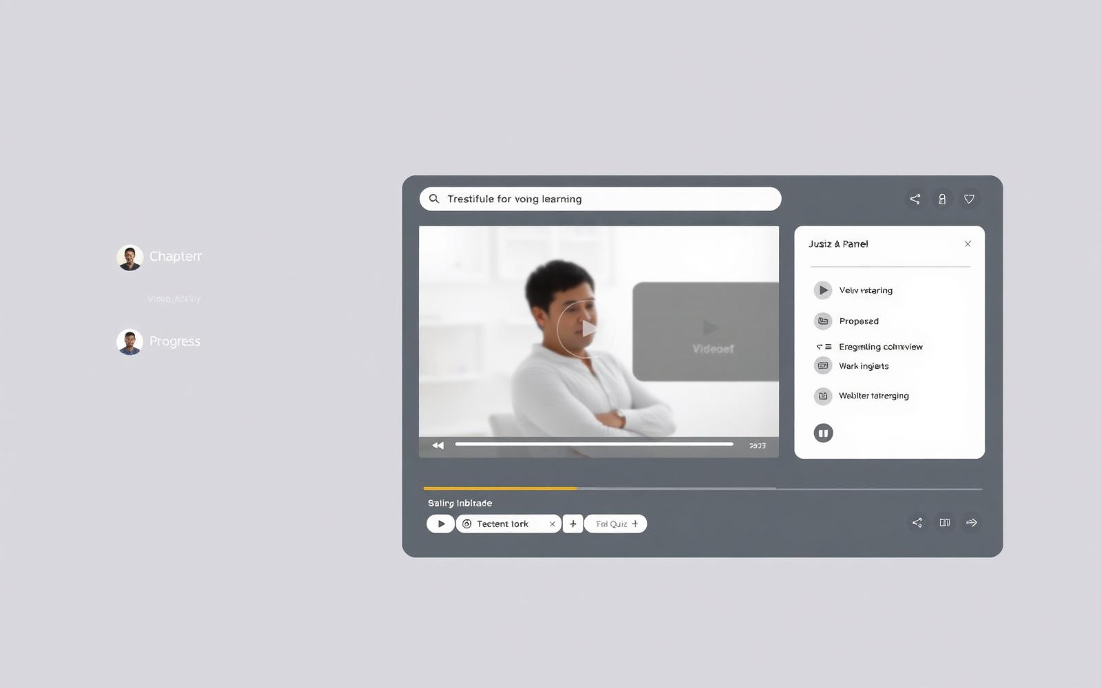 Video lesson player with chapter list, progress bar and quiz panel