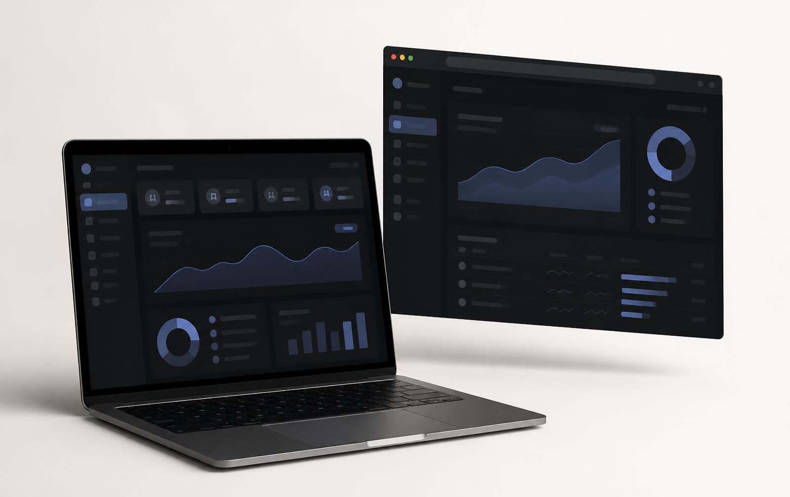 Laptop and browser window mockups presenting a SaaS analytics dashboard on a clean background